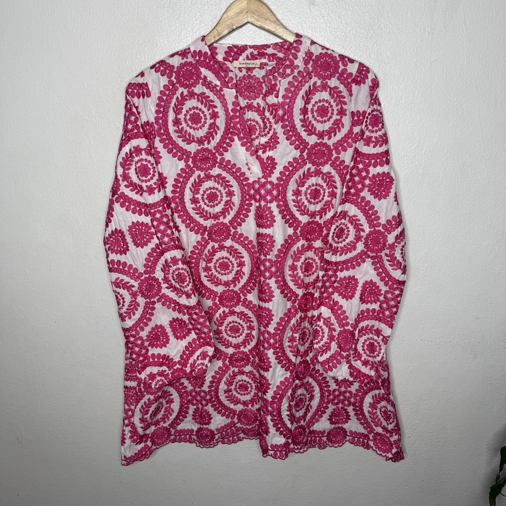 Sunday Up White Pink Embroidered Long‎ Sleeve Tunic Dress Womens Medium Boho